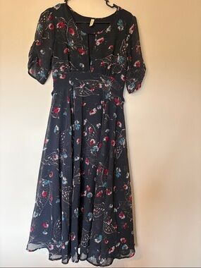 Free People Navy Floral Midi Dress with Red & Teal Blooms